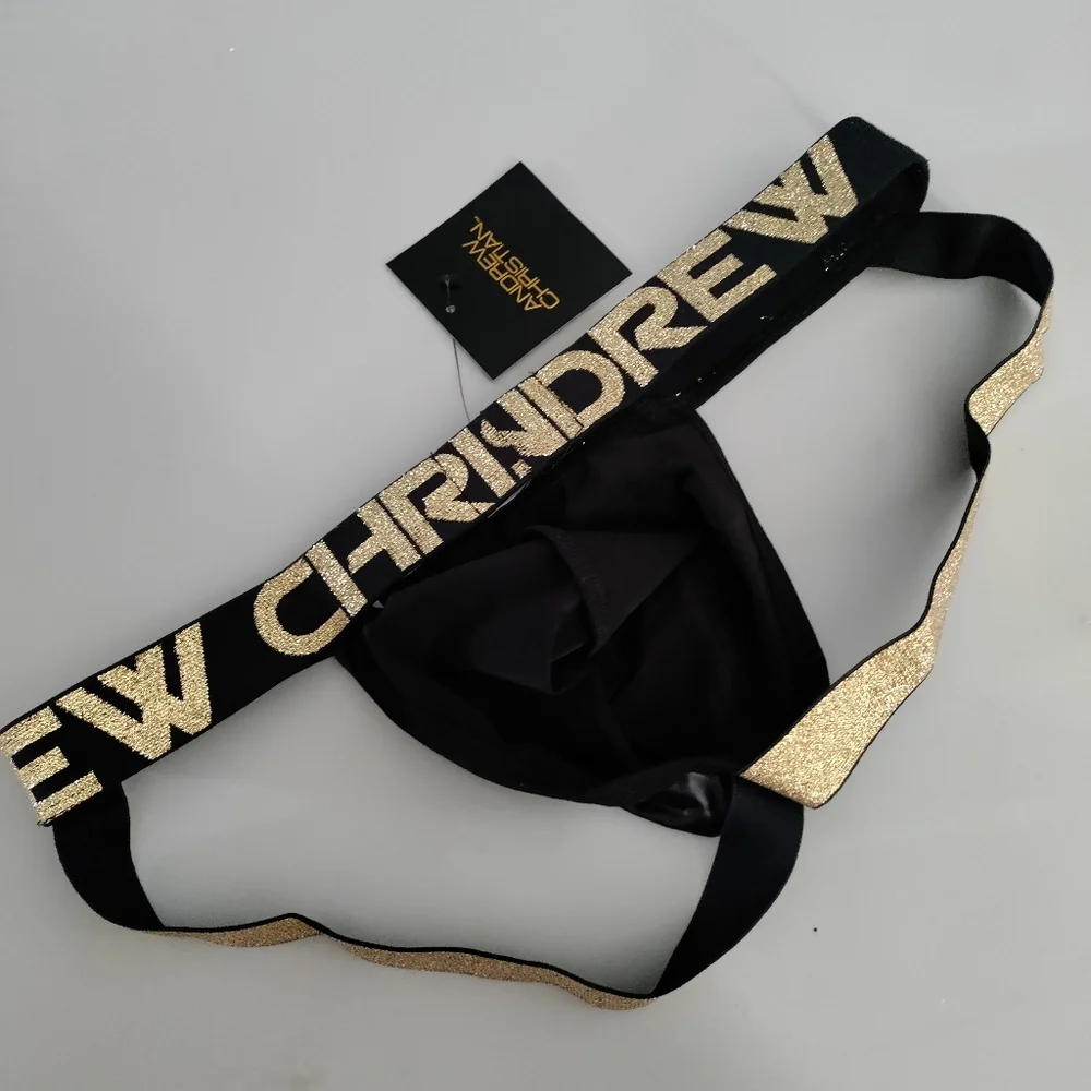 Andrew Christian jock Small Chains of Love latex look black gold SML NWT - Picture 3 of 9